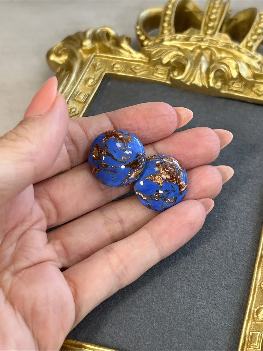Blue and Copper Round Murano Glass Button Earrings